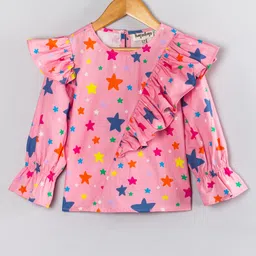 Hugsntugs Cotton Woven Full Bell Sleeves Frill Detailed Star Printed Top - Pink-picture-12