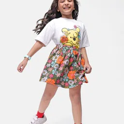 babyhug disney Babyhug Cotton Knit Half Drop Shoulder Sleeves Top with Winnie The Pooh Graphics & Floral Printed Skirt - White image 2