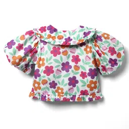 Babyhug Woven Half Puffed Sleeves Peter Pan Collared Top with Floral Print - White image 2