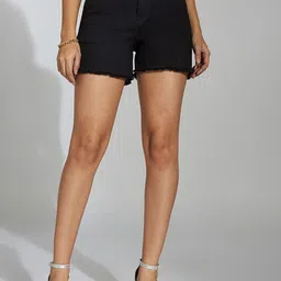 Miss Chase Women Solid High-Rise Relaxed Fit Denim Shorts-picture-25