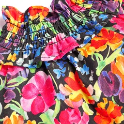 Babyhug Rayon Woven Half Raglan Sleeves Top with Floral Print & Smock Detailing - Black image 3