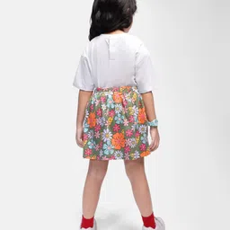 babyhug disney Babyhug Cotton Knit Half Drop Shoulder Sleeves Top with Winnie The Pooh Graphics & Floral Printed Skirt - White image 3