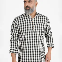 FRENCH CROWN Men Windowpane Checks Checked Standard Mandarin Collar Casual Cotton Shirt-picture-48