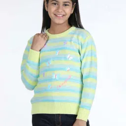 Wingsfield Girls Blue & Green Embroidery Full Sleeves Sweaters & Cardigans-image-0