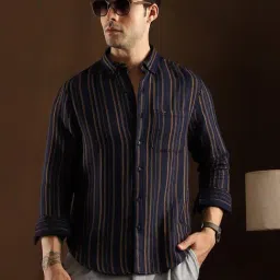 Campus Sutra Prussian Blue Multitrack-Striped Regular Shirt image 4