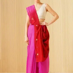 Jaypore Pink Cotton Silk Embroidered Saree image 4