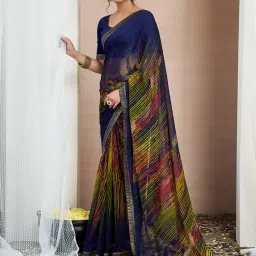 Satrani Navy Blue Chiffon Printed Saree With Unstitched Blouse image 3