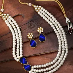 Peora Pearl Mala Blue Necklace & Drop Earrings Traditional Stylish Ethnic Jewellery Set-picture-29