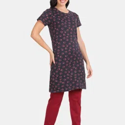 Kryptic Navy & Maroon Cotton Printed Long T-Shirt With Pyjamas image 3