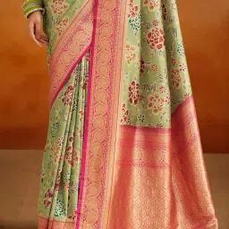 Elora Pista Green & Pink Silk Woven Saree With Unstitched Blouse image 3