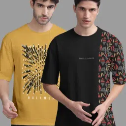 Bullmer Mustard & Black Cotton Oversized Fit Printed T-Shirt - Pack Of 2-image-21