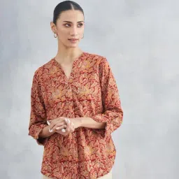 Fabindia Red Printed Mandarin Collar 3/4th Sleeves Shirt-image-29