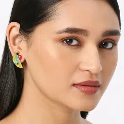 OOMPH Pink & Turquoise Blue Enamel Indo Western Feng Shui Good Luck Fish Design Stud Earrings image 3