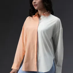 High Star Peach & White Cotton Color-Block Shirt image 3