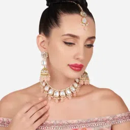 Zaveri Pearls Peach Beaded Kundan Choker Necklace Earring Maangtikka Set-ZPFK16174-image-31