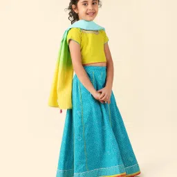 Fabindia Kids Lime Green & Blue Printed Lehenga, Crop Choli with Dupatta image 3