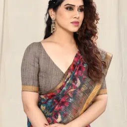 MIRCHI FASHION Grey & Pink Floral Print Saree With Unstitched Blouse Piece image 5