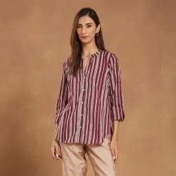 Fabindia Wine Striped Mandarin Collar 3/4th Sleeves Shirt-image-37