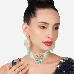 Zaveri Pearls Turquoise Blue Multistrand Ethnic Choker Necklace Earring & Ring Set-ZPFK16169-picture-28