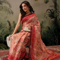 Silk Land Peach Floral Print Saree With Blouse image 3