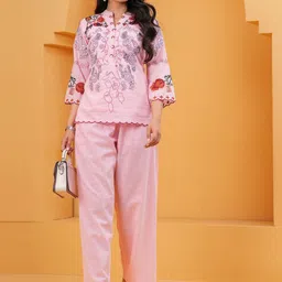 all about you Embroidered Mandarin-Collar Top With Trousers Co-Ords image 5