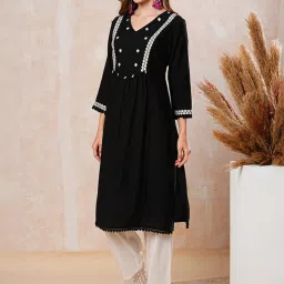 Fashor Black Embroidered Straight Kurta image 3