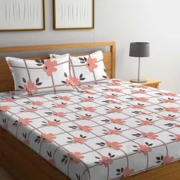 Klotthe Floral Peach 300 TC Cotton Blend King Bed Sheet with 2 Pillow Covers-image-2