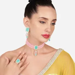 Zaveri Pearls Pink & Turquoise Blue Crystal Multistrand Choker Necklace Earring Ring Set-ZPFK16177-image-7