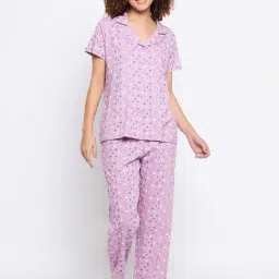 Clovia Purple Cotton Printed Top Pyjamas Set-image-60