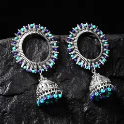 Moedbuille Silver-Toned & Blue Dome Shaped Jhumkas-picture-18