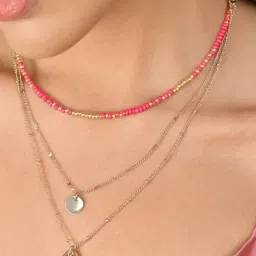 Toniq Gold-Plated Hot Pink Shell and Beaded Layered Necklace-image-26