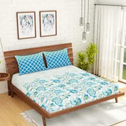 Spaces ATRIUM ECOM Blue & White Cotton 144 TC King Fitted Bedsheet with 2 Pillow Covers-image-17