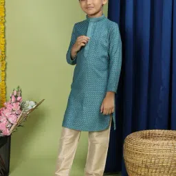 TABARD Kids Sea Green & Beige Embroidered Full Sleeves Kurta with Pyjamas image 4