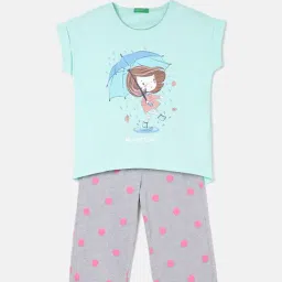 United Colors of Benetton Kids Mint Green & Grey Printed T-Shirt with Culottes-picture-24