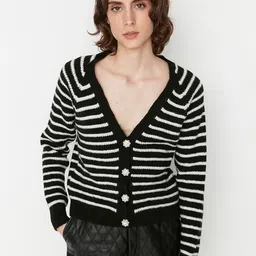 Trendyol Women Black & White Striped Acrylic Cardigan Sweater-picture-15