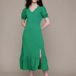 Freehand by The Indian Garage Co Self Design Puff Sleeve A-Line Midi Dress-picture-9