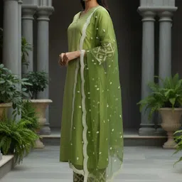 NAVYAAZRI Women Embroidered Regular Thread Work Kurta with Trousers & With Dupatta image 5