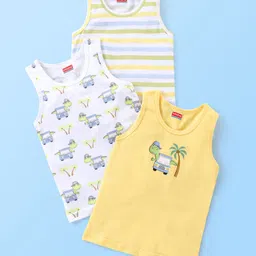 Babyhug 100% Cotton Sleeveless Sando Striped & Dino Print Pack of 3 - Yellow White & Green-picture-30