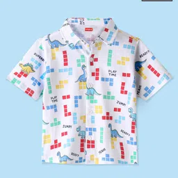 Babyhug Cotton Knitted Half Sleeves  Regular Collar Shirt Dino Printed  - White-picture-22