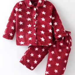 Kanvin Supersoft Extra Warm Velour Full Sleeves Winter Night Suit With Stars Print - Maroon-picture-21