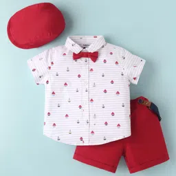ToffyHouse Cotton Woven Half Sleeves Boat Printed Shirt & Shorts With Bow Suspender & Hat - White & Red-picture-14