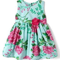 Babyhug Cotton Knit Sleeveless Frock with Floral Print & Applique - Sea Green-picture-25