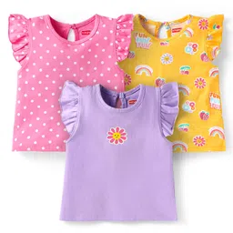 Babyhug Cotton Knit Frill Sleeves T-Shirts with Polka Dots & Floral Print Pack of 3 - Purple & Pink-picture-15
