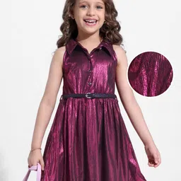 Hola Bonita Party Wear Shimmer with Collar Incut Sleeveless Dress - Wine-image-9