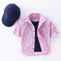 Rikidoos Full Sleeves Doodle Art Printed Shirt With Attached Tee & Cap - Pink & Navy Blue-picture-15