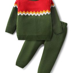Babyhug Knitted Full Sleeves Sweater Set With Color Block Design - Dark Green & Orange-picture-38