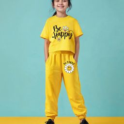 Trampoline Cotton Blend Half Sleeves Be Happy Text Printed Crop Top & Coordinating Track Pants Set - Yellow-picture-8