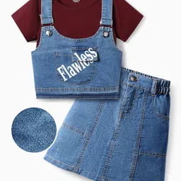 OLLINGTON ST. Cotton Sinker Knit Half Sleeves Top & Denim Skirt - Maroon & Indigo image 1