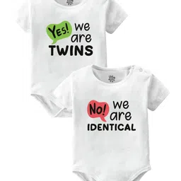 Baby Buzz Pack Of 2 100% Cotton Knit Twins Theme Half Sleeves Yes We Are Twins & No We Are Identical Text Printed Onesies - White-picture-22