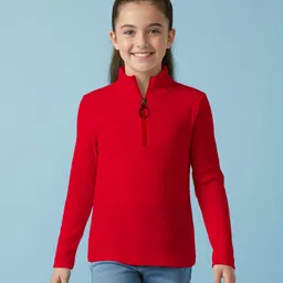Pine Kids Cotton Lycra Knit Full Sleeves Solid Color High Neck Top - Red-picture-12